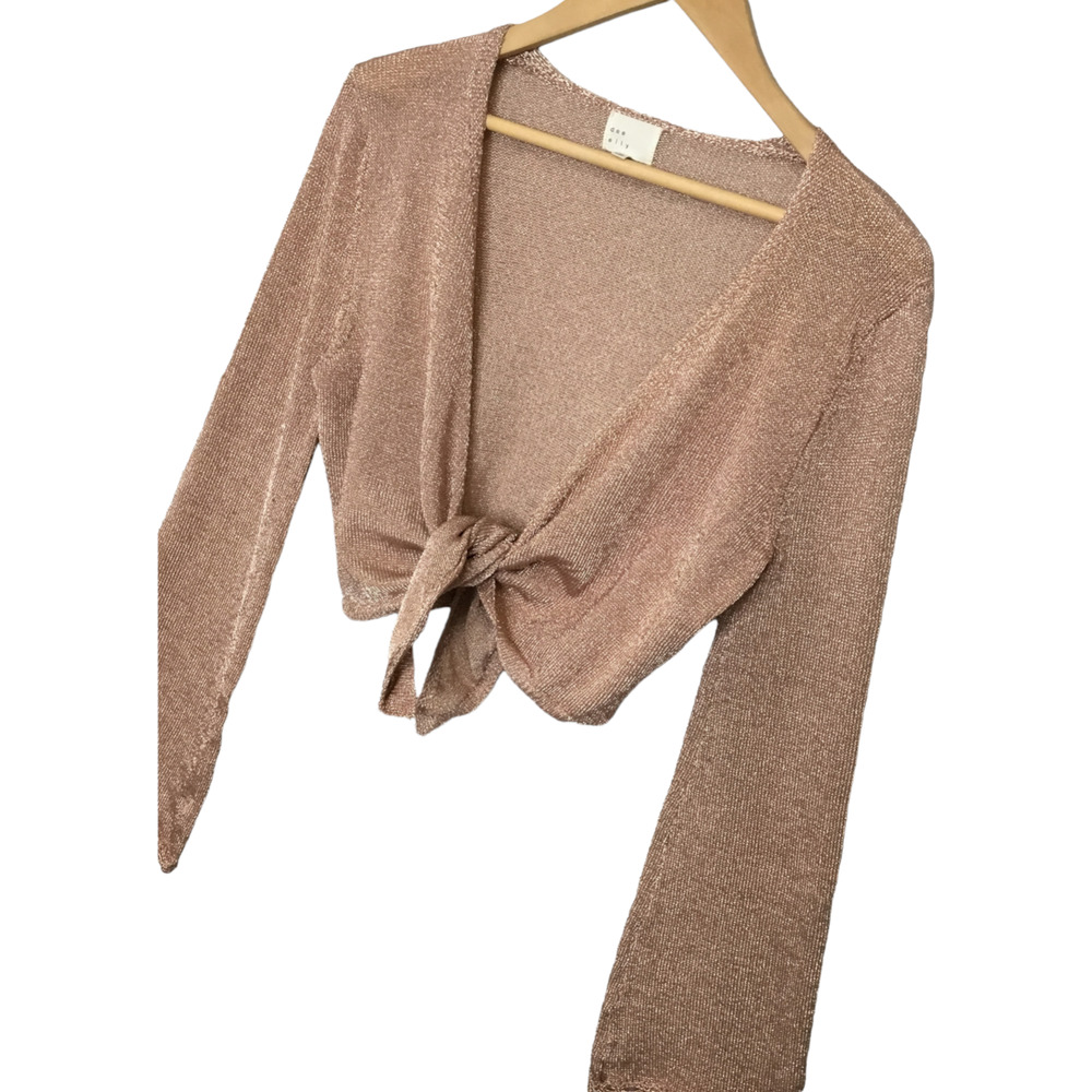 Dee Elly Metallic Shimmer Cropped Front Tie Bell Long Crochet Sleeve Rose Gold S - Picture 10 of 12